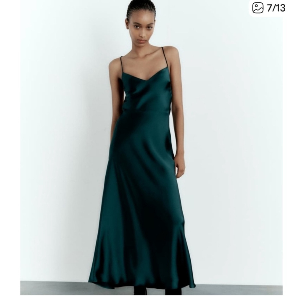 Zara Sz S Satin Effect Draped Emerald Green Midi Slip Dress Bloggers Favourite